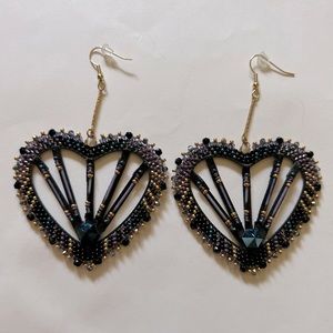 Beaded Black Purple Quilled Heart Earrings